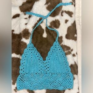 handmade turquoise crochet cropped halter top